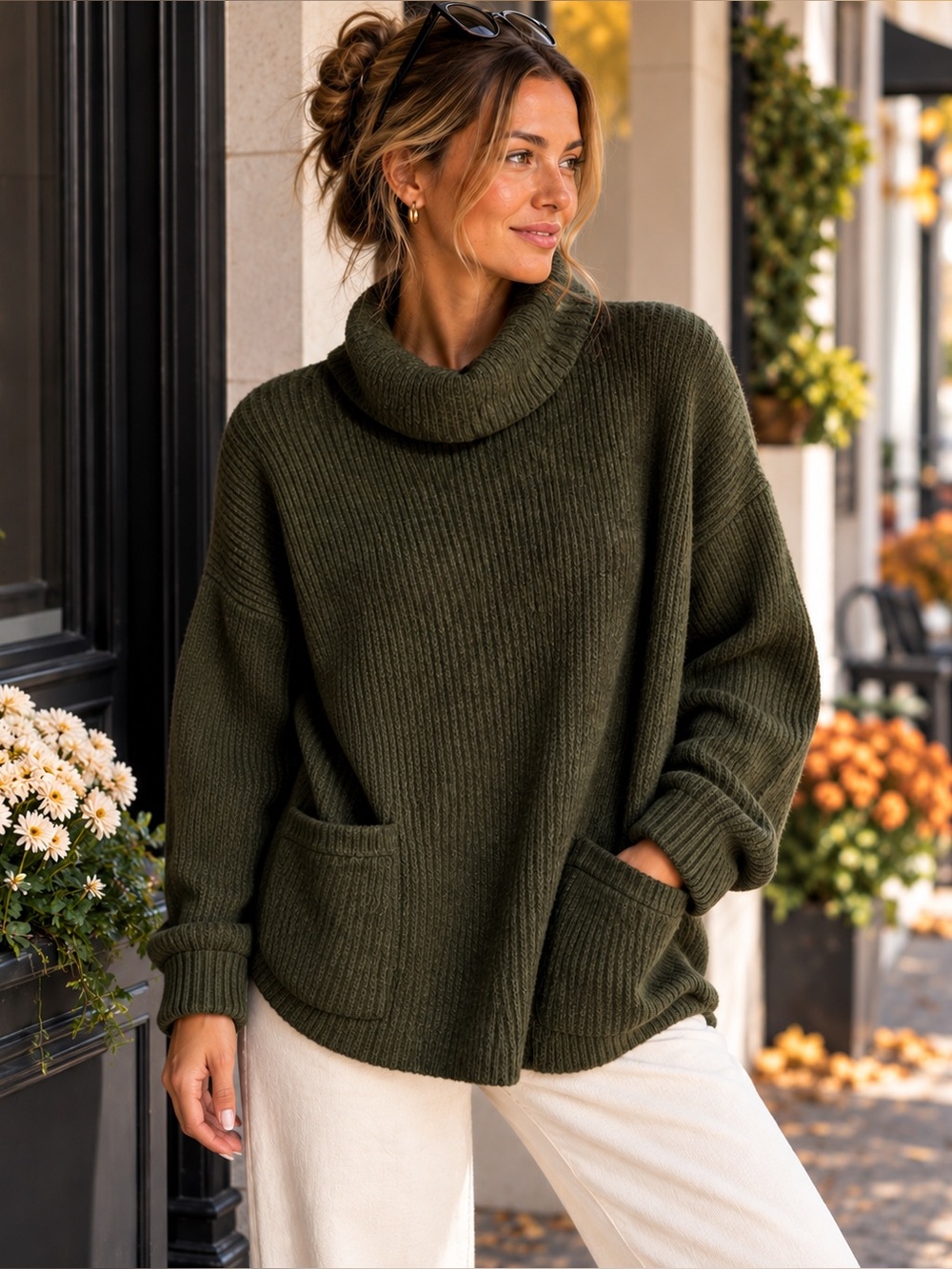 Ellen Tracy XL Oversized Wool Yak Sweater Forest Green Cowl Neck Pockets
